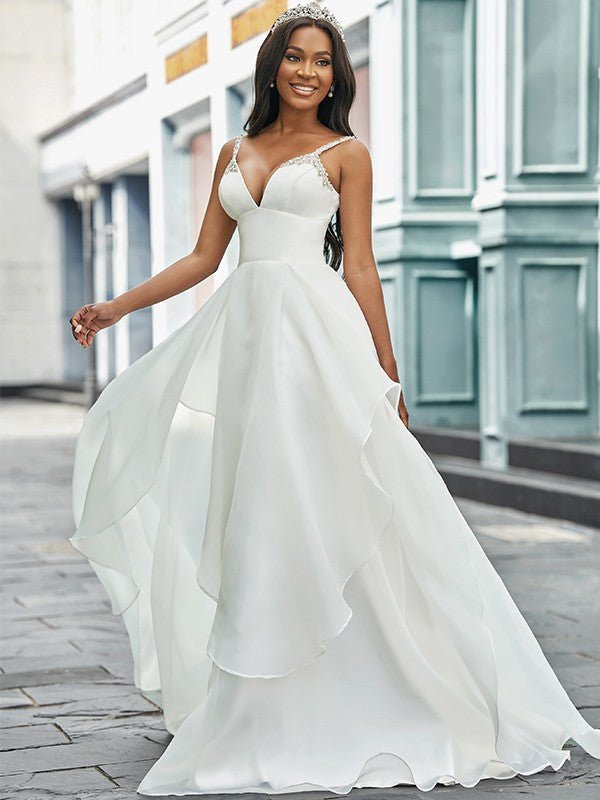 A-Line/Princess V-neck Sleeveless Beading Sweep/Brush Train Wedding Dresses