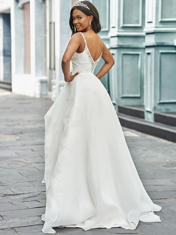 A-Line/Princess V-neck Sleeveless Beading Sweep/Brush Train Wedding Dresses