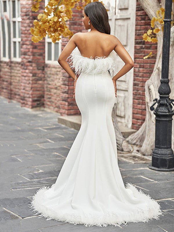 Trumpet/Mermaid Strapless Feathers/Fur Sleeveless Sweep/Brush Train Wedding Dresses