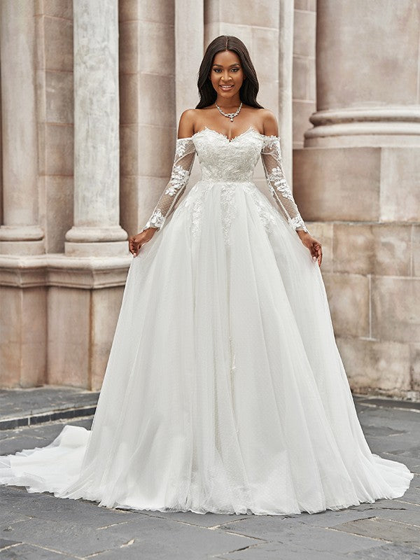 A-Line/Princess Applique Off-the-Shoulder Long Sleeves Sweep/Brush Train Wedding Dresses