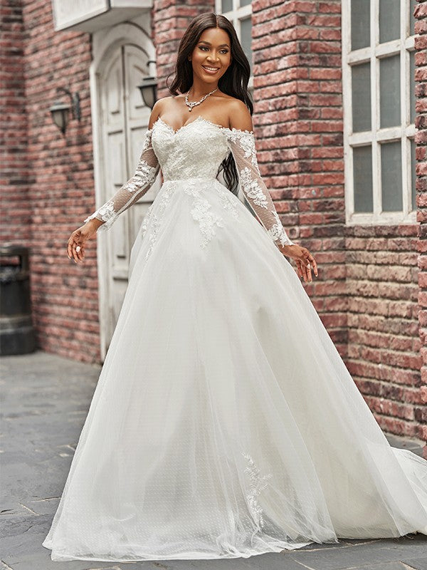A-Line/Princess Applique Off-the-Shoulder Long Sleeves Sweep/Brush Train Wedding Dresses
