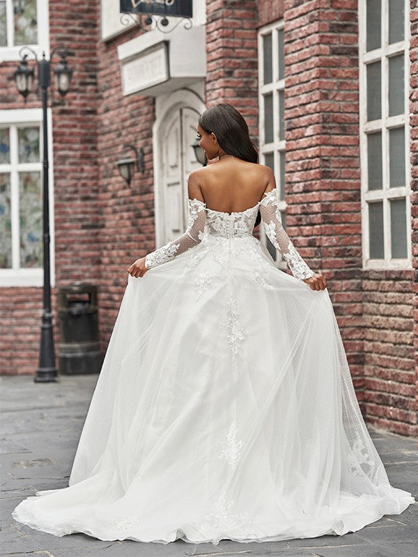 A-Line/Princess Applique Off-the-Shoulder Long Sleeves Sweep/Brush Train Wedding Dresses