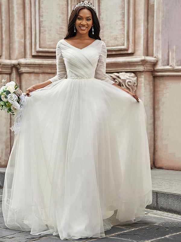 A-Line/Princess Ruched Sweetheart 3/4 Sleeves Sweep/Brush Train Wedding Dresses