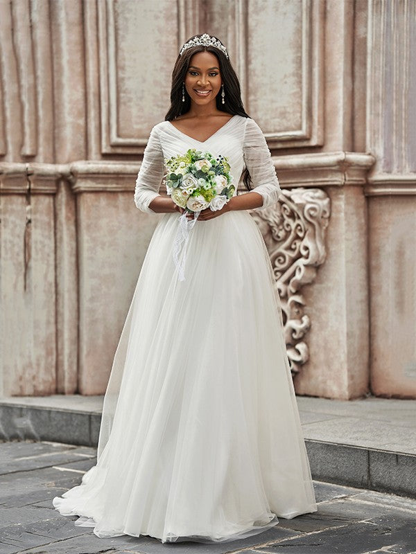 A-Line/Princess Ruched Sweetheart 3/4 Sleeves Sweep/Brush Train Wedding Dresses