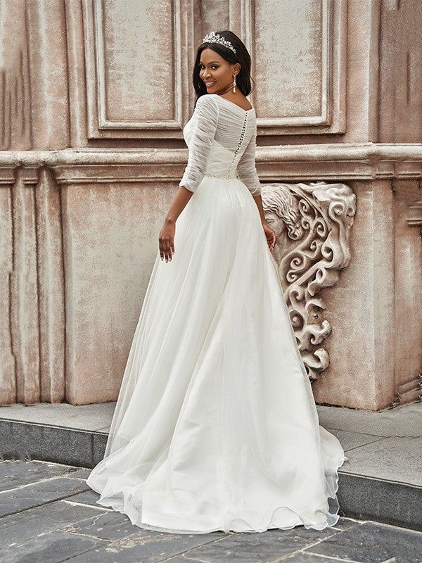 A-Line/Princess Ruched Sweetheart 3/4 Sleeves Sweep/Brush Train Wedding Dresses