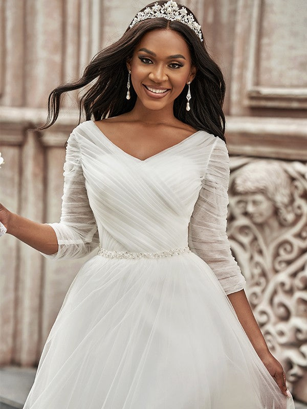 A-Line/Princess Ruched Sweetheart 3/4 Sleeves Sweep/Brush Train Wedding Dresses