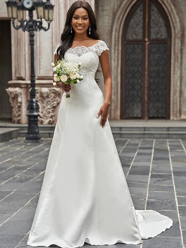 A-Line/Princess Scoop Sleeveless Chapel Train Wedding Dresses