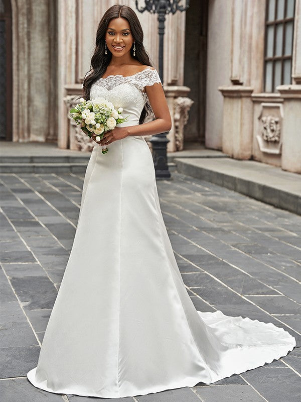 A-Line/Princess Scoop Sleeveless Chapel Train Wedding Dresses