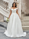 A-Line/Princess Off-the-Shoulder Ruched Sleeveless Court Train Wedding Dresses