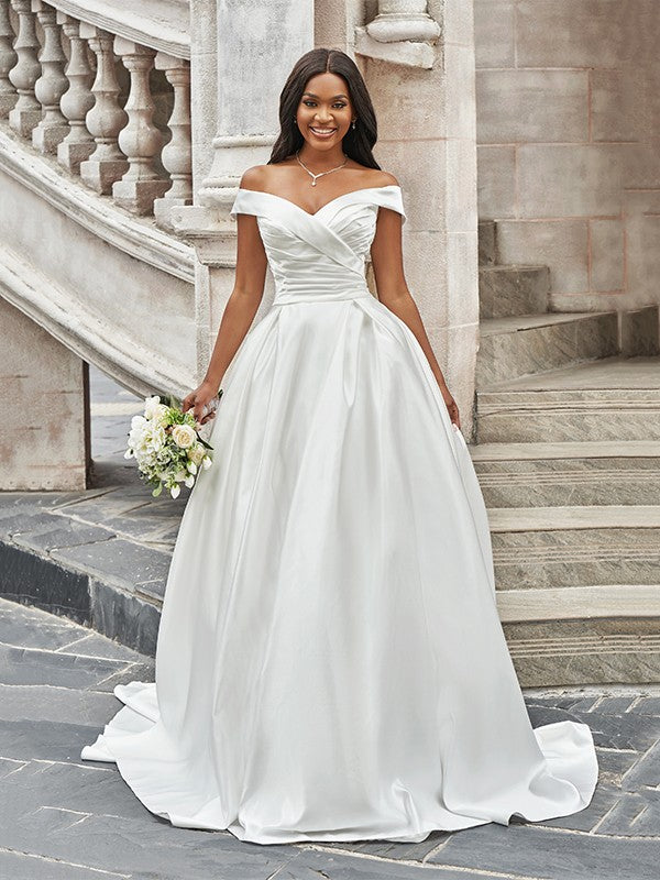 A-Line/Princess Off-the-Shoulder Ruched Sleeveless Court Train Wedding Dresses