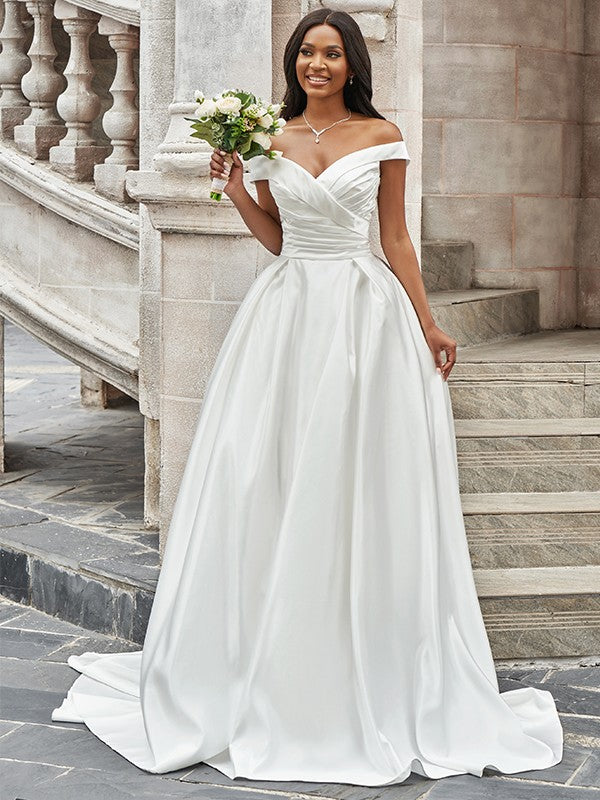 A-Line/Princess Off-the-Shoulder Ruched Sleeveless Court Train Wedding Dresses