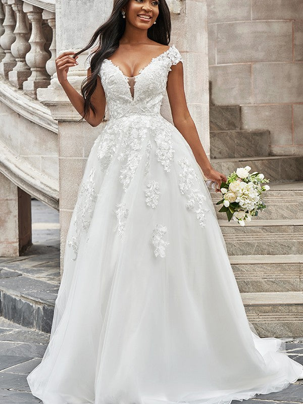 A-Line/Princess V-neck Applique Sleeveless Sweep/Brush Train Wedding Dresses