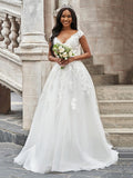 A-Line/Princess V-neck Applique Sleeveless Sweep/Brush Train Wedding Dresses