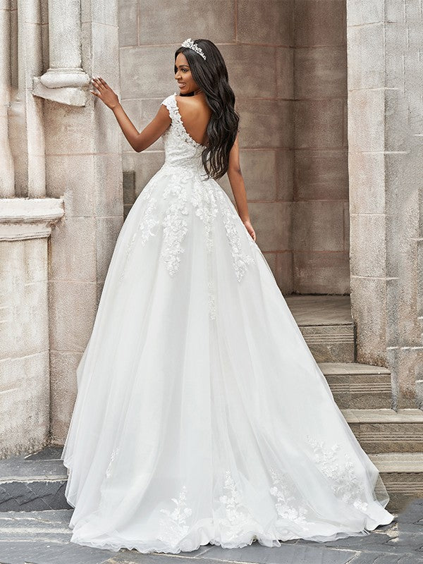 A-Line/Princess V-neck Applique Sleeveless Sweep/Brush Train Wedding Dresses