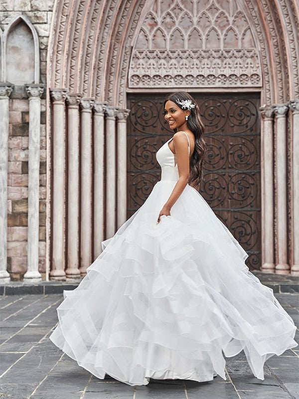 A-Line/Princess V-neck Ruffles Sleeveless Floor-Length Wedding Dresses