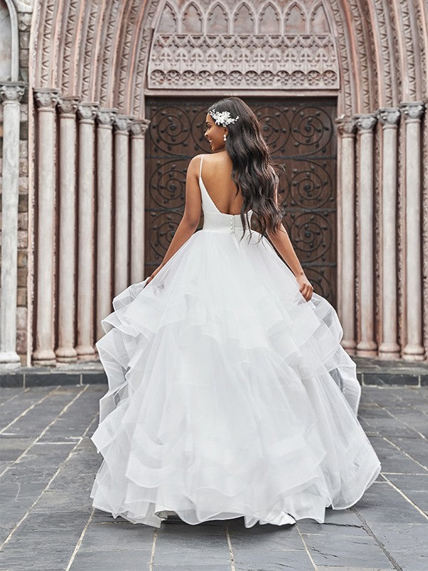 A-Line/Princess V-neck Ruffles Sleeveless Floor-Length Wedding Dresses