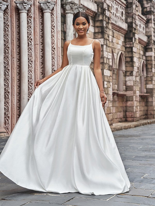 A-Line/Princess Spaghetti Straps Ruffles Sleeveless Sweep/Brush Train Wedding Dresses