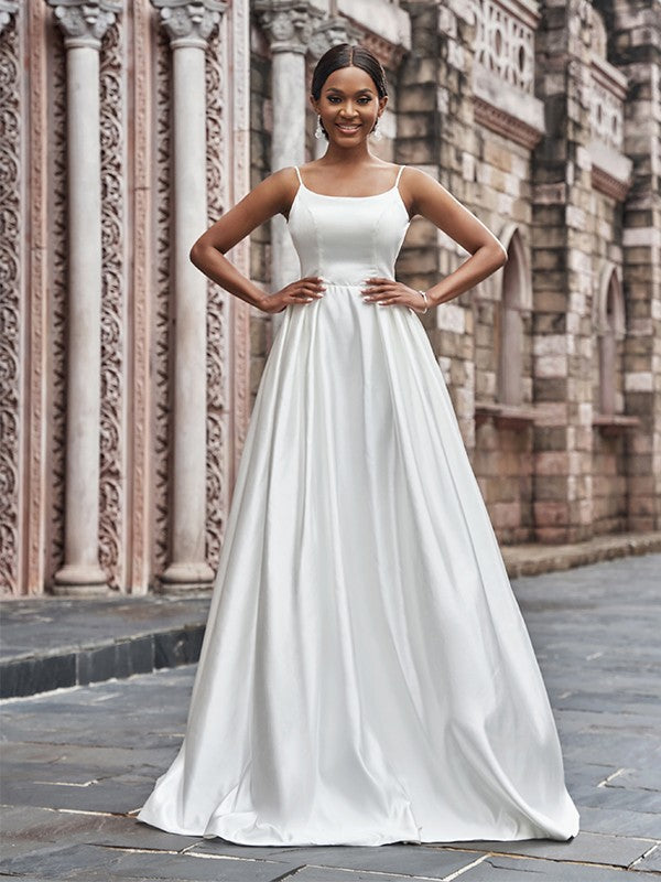 A-Line/Princess Spaghetti Straps Ruffles Sleeveless Sweep/Brush Train Wedding Dresses