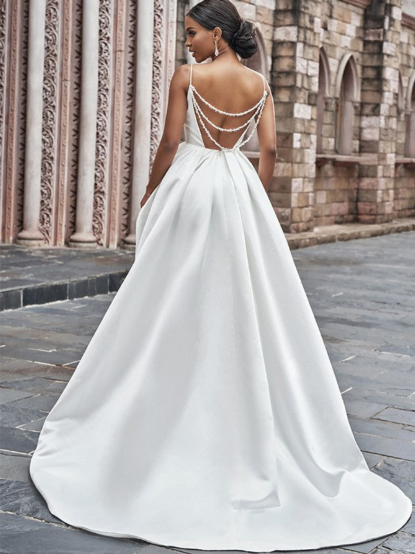 A-Line/Princess Spaghetti Straps Ruffles Sleeveless Sweep/Brush Train Wedding Dresses