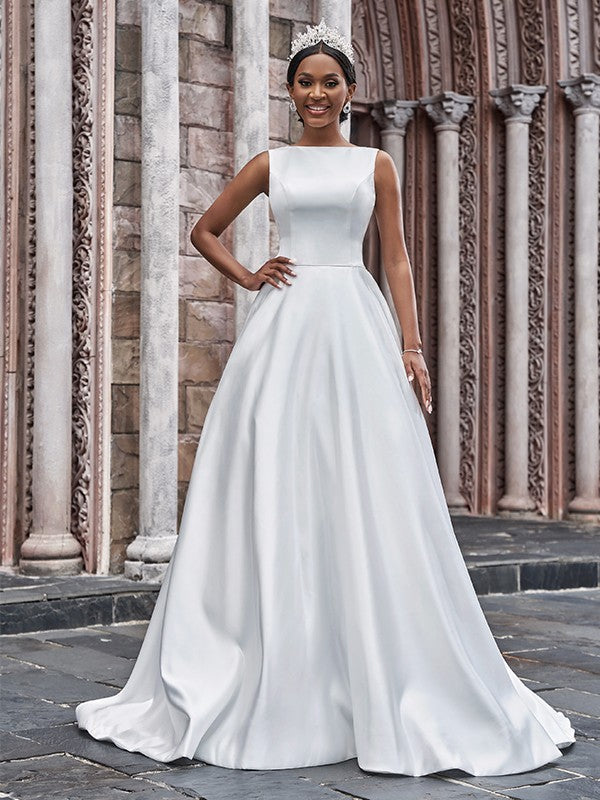 A-Line/Princess Bateau Ruffles Sleeveless Sweep/Brush Train Wedding Dresses