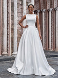 A-Line/Princess Bateau Ruffles Sleeveless Sweep/Brush Train Wedding Dresses