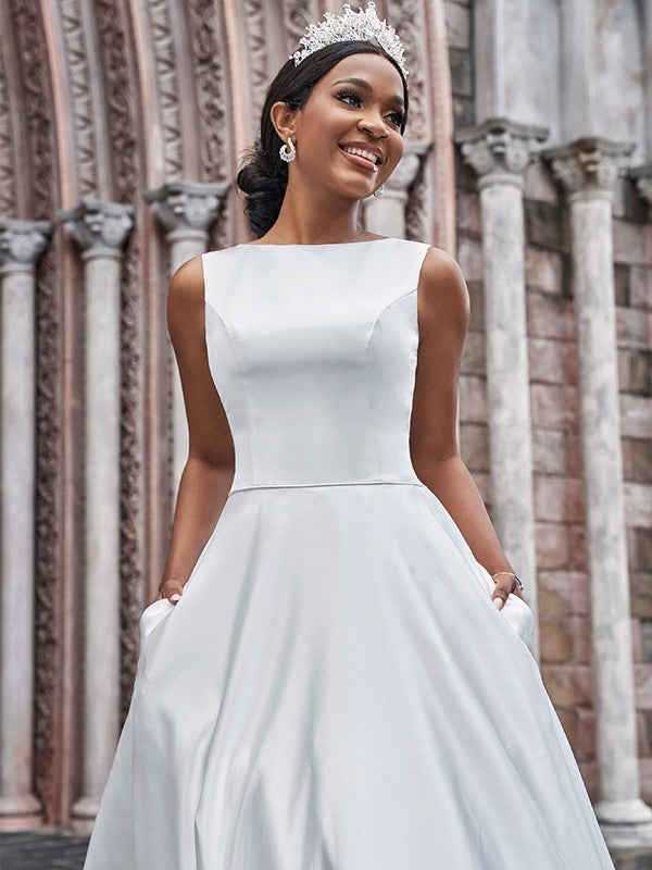 A-Line/Princess Bateau Ruffles Sleeveless Sweep/Brush Train Wedding Dresses