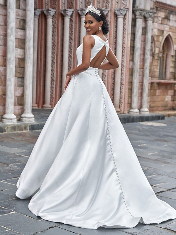 A-Line/Princess Bateau Ruffles Sleeveless Sweep/Brush Train Wedding Dresses