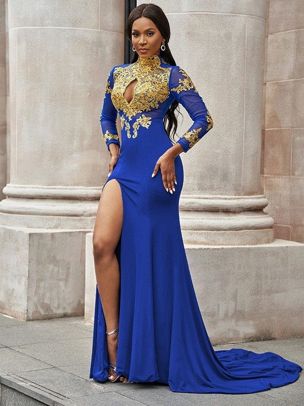 Trumpet/Mermaid Applique Long Sleeves High Neck Sweep/Brush Train Dresses