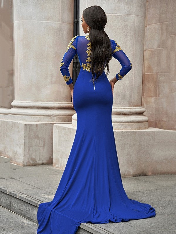 Trumpet/Mermaid Applique Long Sleeves High Neck Sweep/Brush Train Dresses