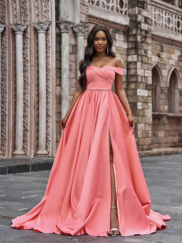 A-Line/Princess Sleeveless Ruffles Off-the-Shoulder Court Train Dresses
