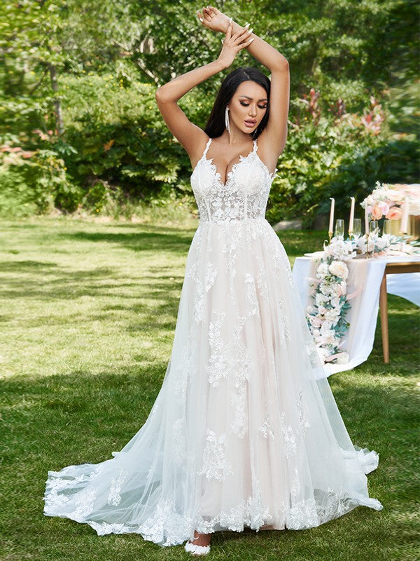 A-Line/Princess Applique V-neck Sleeveless Sweep/Brush Train Wedding Dresses