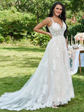A-Line/Princess Applique V-neck Sleeveless Sweep/Brush Train Wedding Dresses