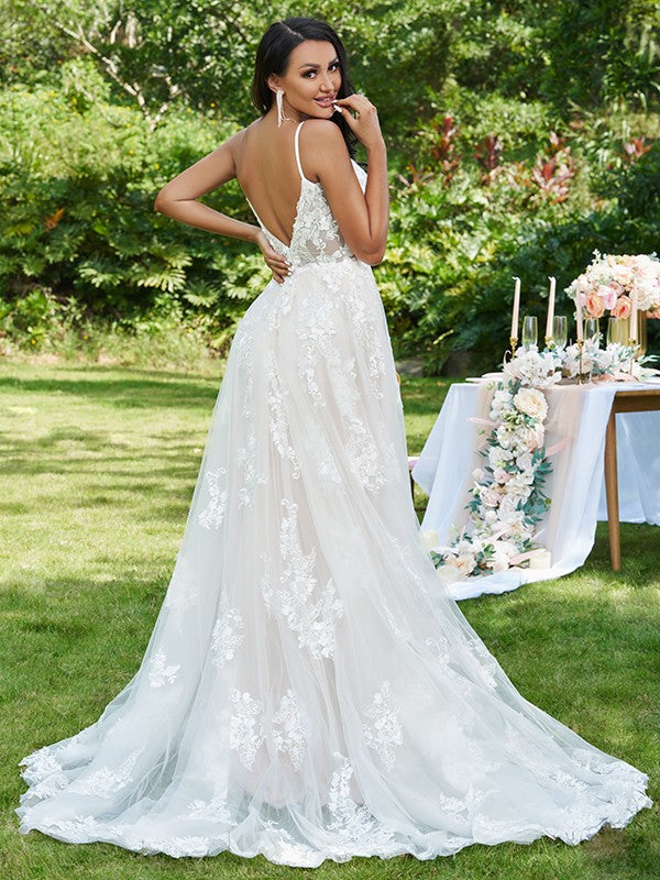 A-Line/Princess Applique V-neck Sleeveless Sweep/Brush Train Wedding Dresses