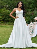 A-Line/Princess Bowknot V-neck Sleeveless Sweep/Brush Train Wedding Dresses