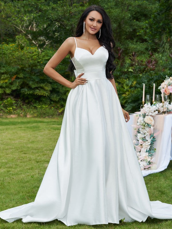 A-Line/Princess Bowknot V-neck Sleeveless Sweep/Brush Train Wedding Dresses