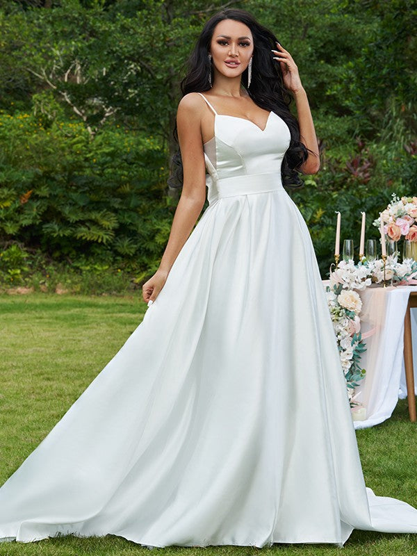 A-Line/Princess Bowknot V-neck Sleeveless Sweep/Brush Train Wedding Dresses