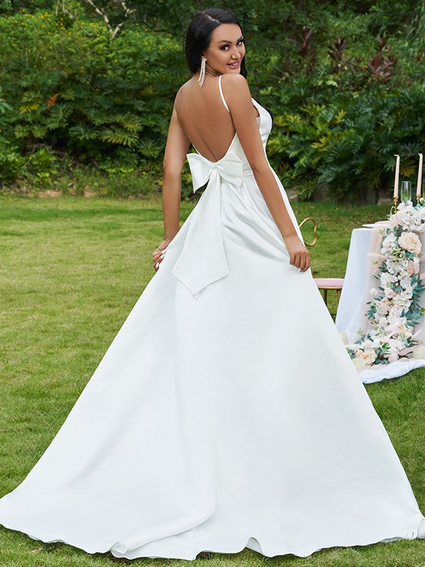 A-Line/Princess Bowknot V-neck Sleeveless Sweep/Brush Train Wedding Dresses