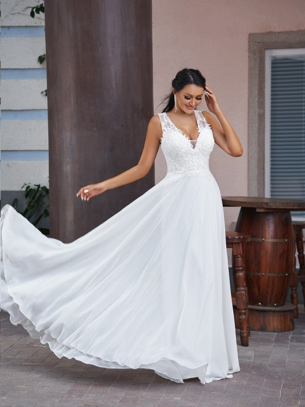 A-Line/Princess V-neck Sleeveless Floor-Length Wedding Dresses