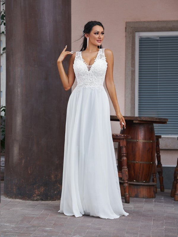 A-Line/Princess V-neck Sleeveless Floor-Length Wedding Dresses
