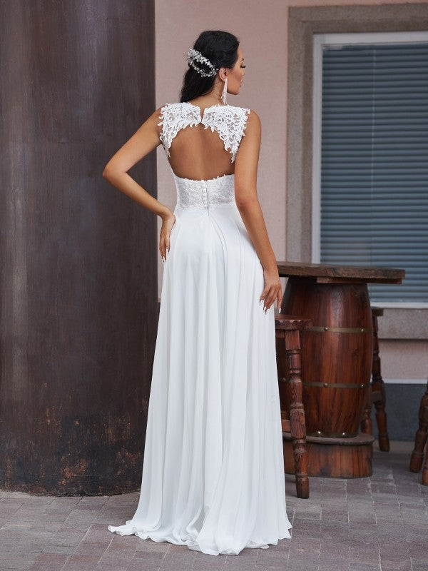 A-Line/Princess V-neck Sleeveless Floor-Length Wedding Dresses