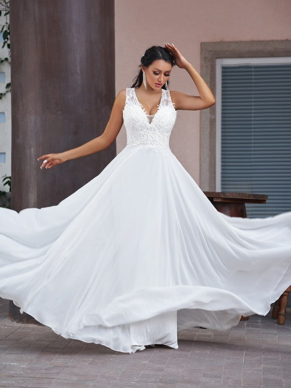 A-Line/Princess V-neck Sleeveless Floor-Length Wedding Dresses