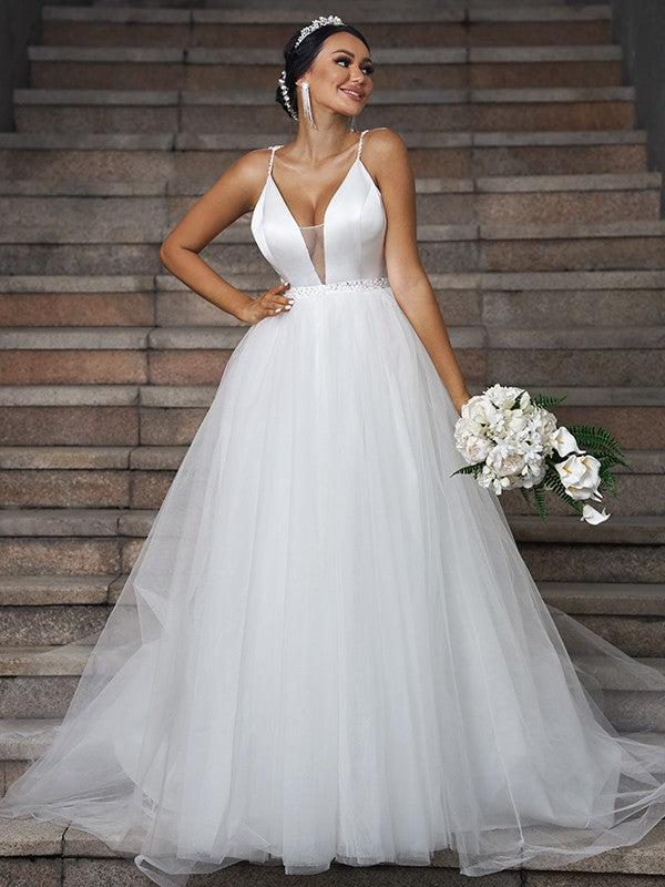 A-Line/Princess Ruffles V-neck Sleeveless Sweep/Brush Train Wedding Dresses