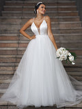A-Line/Princess Ruffles V-neck Sleeveless Sweep/Brush Train Wedding Dresses