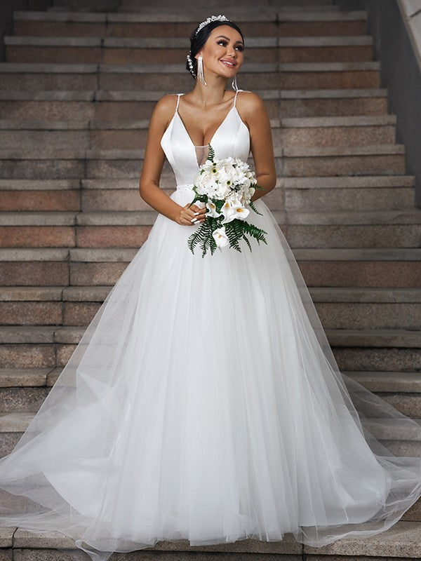 A-Line/Princess Ruffles V-neck Sleeveless Sweep/Brush Train Wedding Dresses