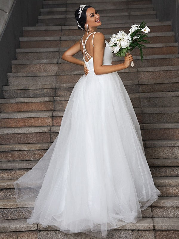 A-Line/Princess Ruffles V-neck Sleeveless Sweep/Brush Train Wedding Dresses