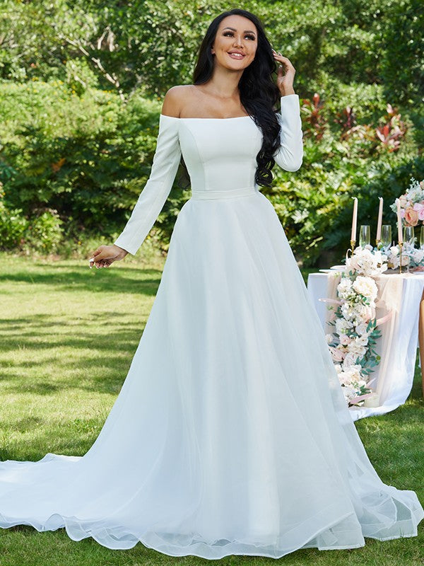 A-Line/Princess Ruffles Off-the-Shoulder Long Sleeves Sweep/Brush Train Wedding Dresses