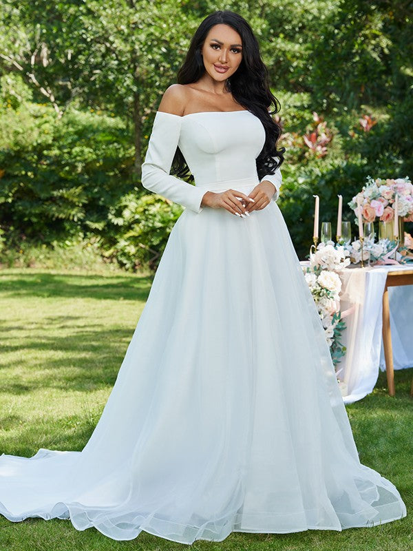 A-Line/Princess Ruffles Off-the-Shoulder Long Sleeves Sweep/Brush Train Wedding Dresses