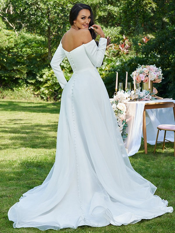 A-Line/Princess Ruffles Off-the-Shoulder Long Sleeves Sweep/Brush Train Wedding Dresses
