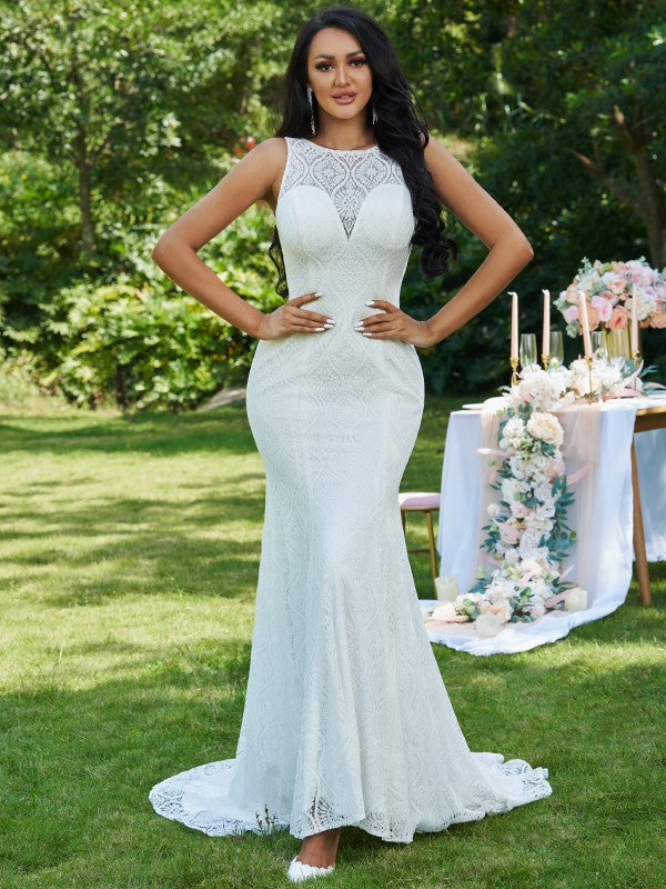 Trumpet/Mermaid Ruffles Scoop Sleeveless Sweep/Brush Train Wedding Dresses