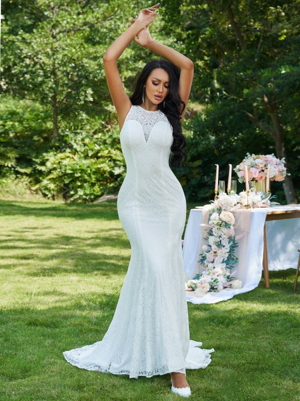 Trumpet/Mermaid Ruffles Scoop Sleeveless Sweep/Brush Train Wedding Dresses